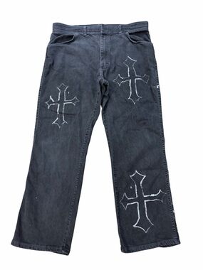VTG Wrangler Denim Jeans Mens 40x30 (38x30) Cross Gothic Emo Splatter USA Made